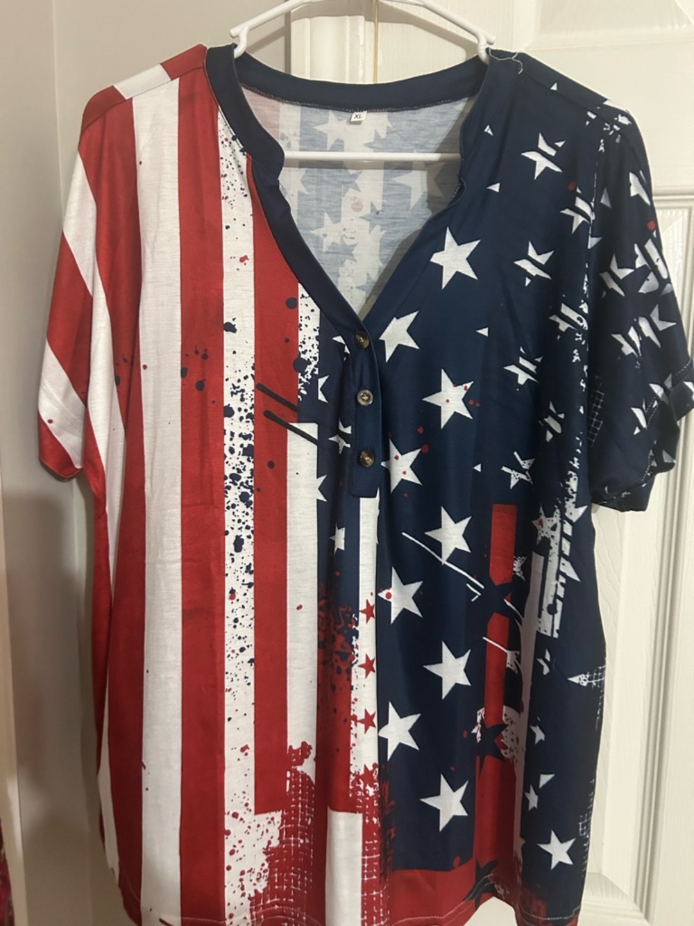 American Flag Print Button Henley Shirt
